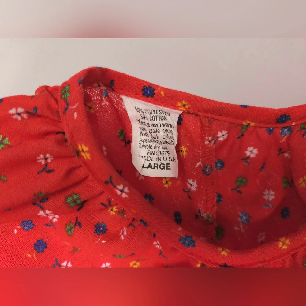 Vintage 80s Red Floral Snap Smock Craft House Dress Apron Womens Large - Picture 10 of 14